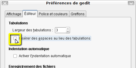 Désactiver les espaces/tabulations sur Gedit
