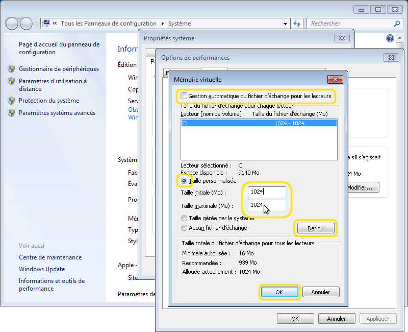 mettre les valeur min et max des la swap égales sous Windows
