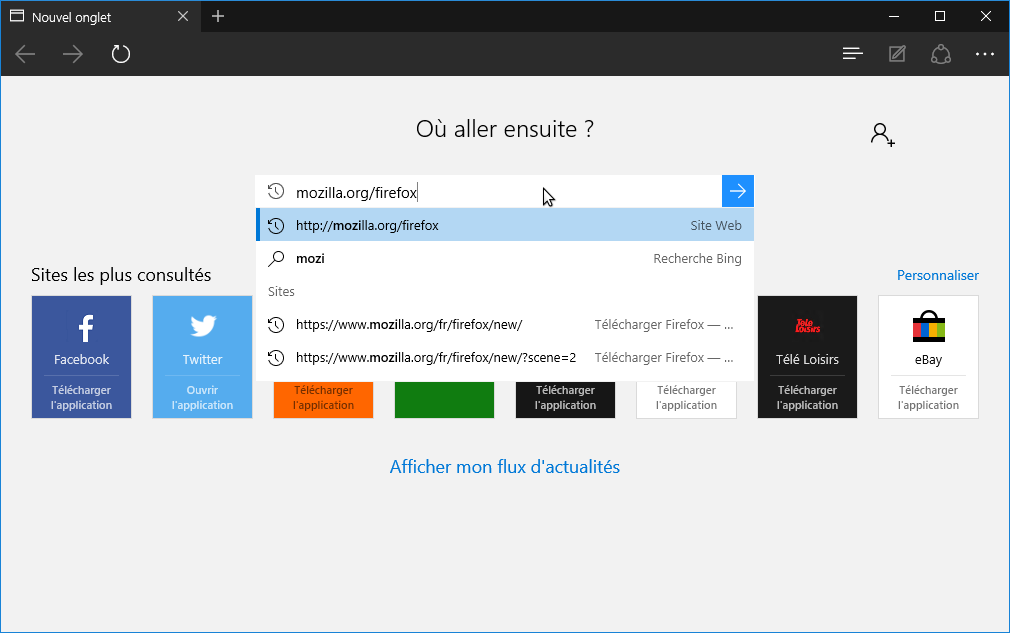 Taper l’adresse de Firefox dans Edge