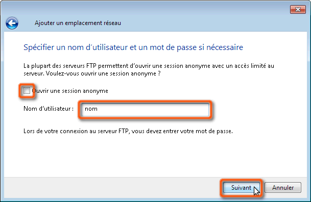 donnez votre identifiant FTP