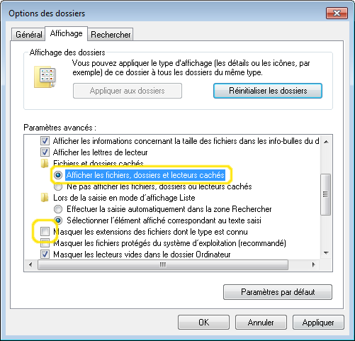 comment afficher les fichiers cachés sous Windows 7