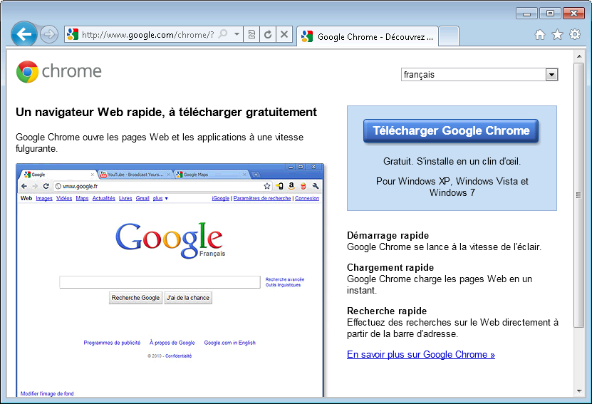 IE9 affiche la page de Google Chrome