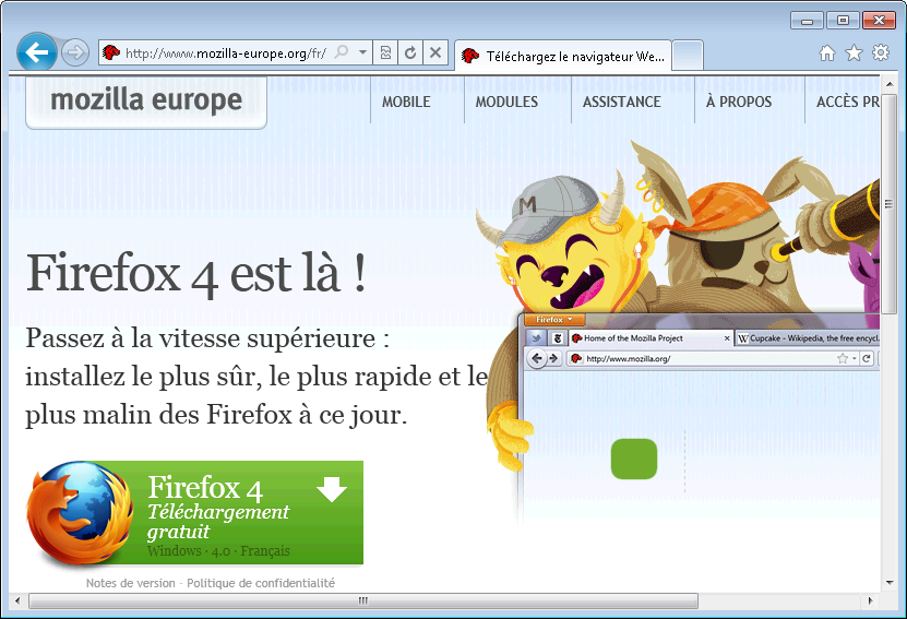 IE9 affiche la page de Mozilla Firefox